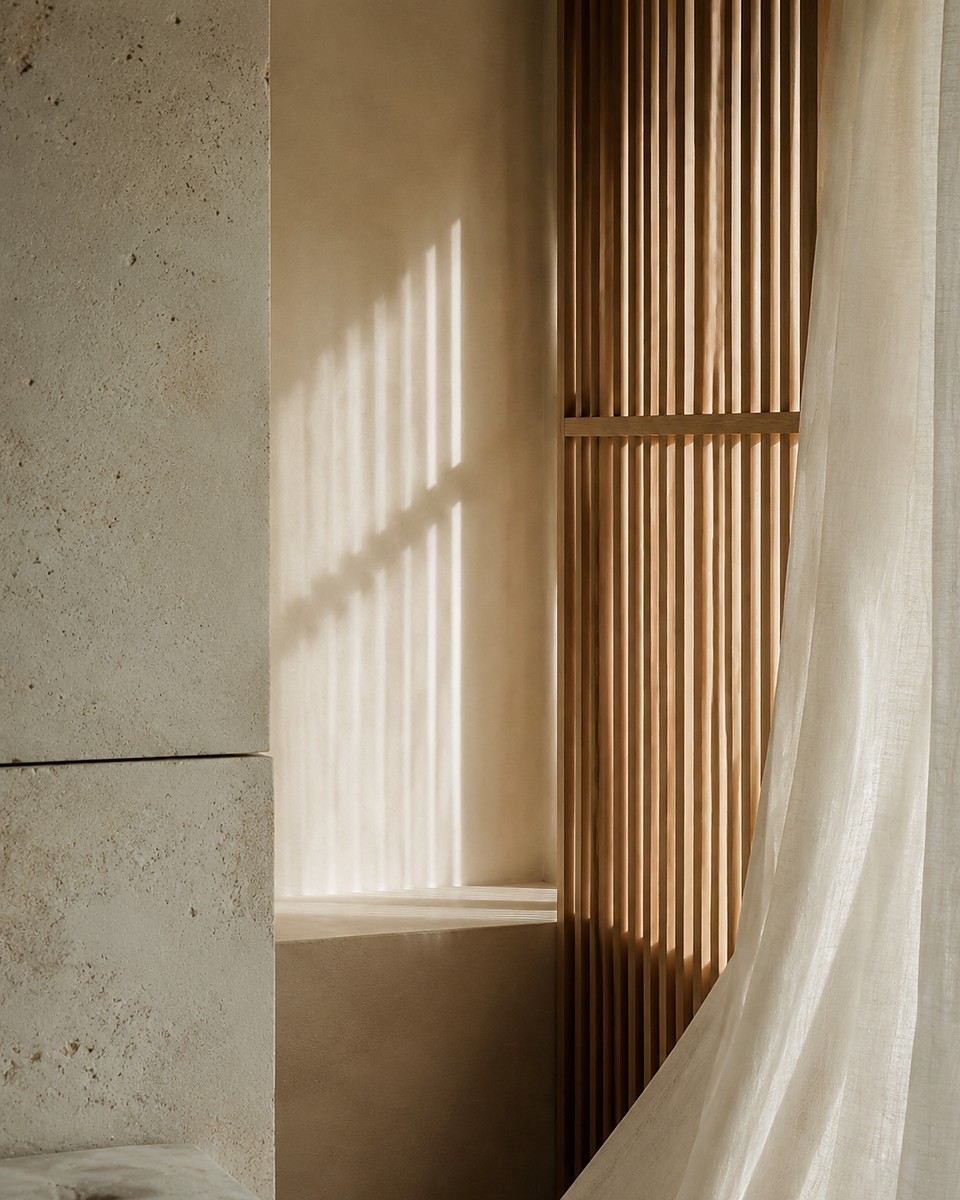 Interior detail showing timber screening, lime plaster and linen against coastal daylight